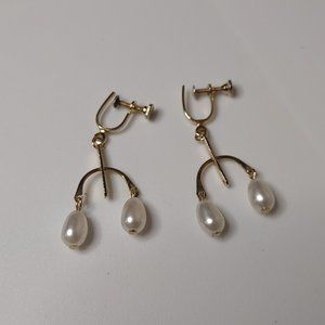 Gold Tone And White Bead Screw On Dangle Earrings